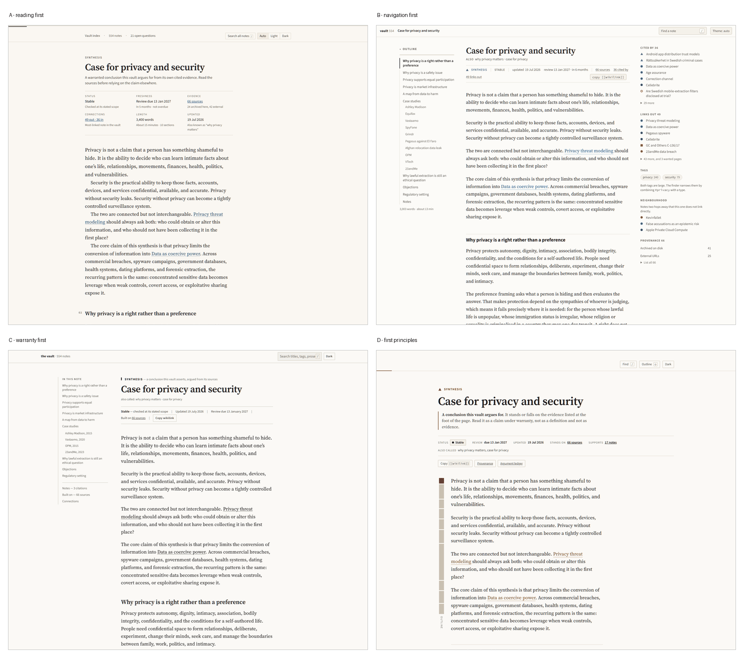 Four independent designs for the same note, rendered at 1440 pixels